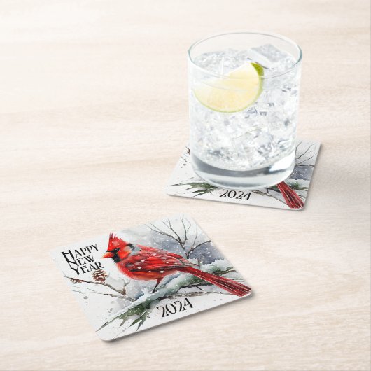 Kardinäle auf Baumzweig im Winter - Neujahr Rechteckiger Pappuntersetzer (Vor Ort)