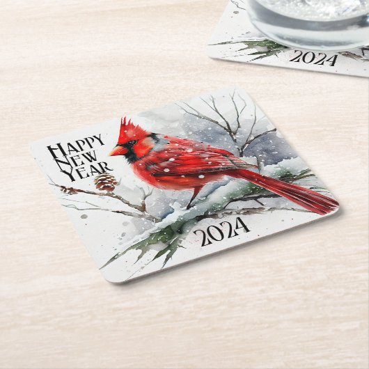 Kardinäle auf Baumzweig im Winter - Neujahr Rechteckiger Pappuntersetzer (angewinkelt)