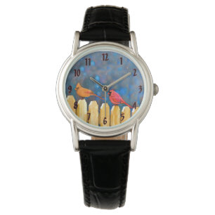 Kardinäle auf dem Zaun Gemälde - Original Kunst Armbanduhr