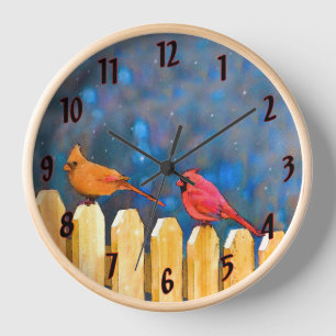 Kardinäle auf dem Zaun Gemälde - Original Kunst Uhr