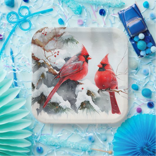 Kardinäle auf dem Zweig Tree in der Weihnachtswint Pappteller (Party)