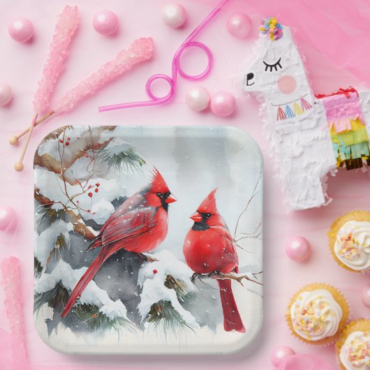 Kardinäle auf dem Zweig Tree in der Weihnachtswint Pappteller (Party)