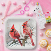 Kardinäle auf dem Zweig Tree in der Weihnachtswint Pappteller (Party)