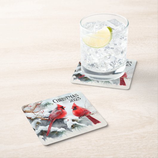 Kardinäle auf dem Zweig Tree in der Weihnachtswint Rechteckiger Pappuntersetzer (Vor Ort)