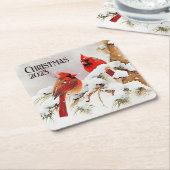 Kardinäle auf dem Zweig Tree in der Weihnachtswint Rechteckiger Pappuntersetzer (angewinkelt)
