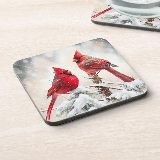 Kardinäle auf der Zweigniederlassung Snowy Tree in Getränkeuntersetzer (Linke Seite)