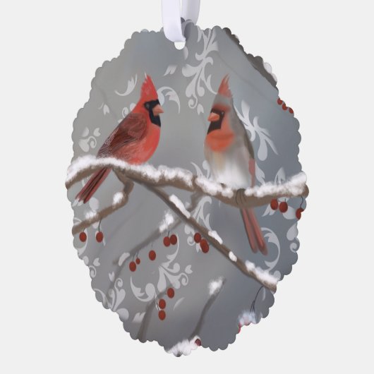 Kardinäle auf einer Schneeabzweigung Ornament Karte (Links)