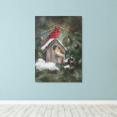 Kardinäle auf Snowy Birdhouse Leinwanddruck (Insitu (Holzboden))