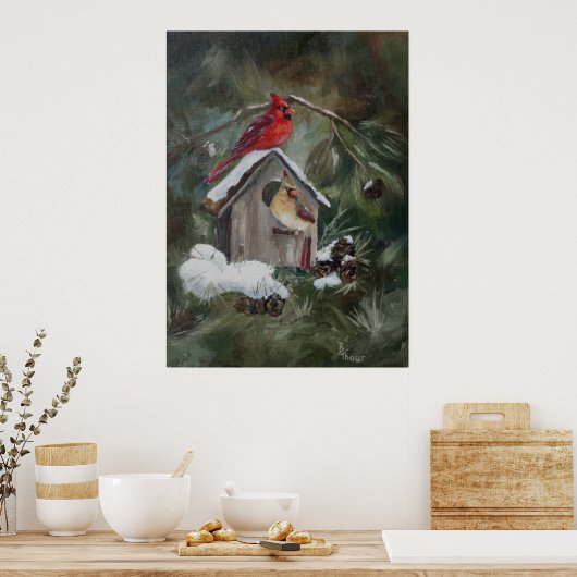Kardinäle auf Snowy Birdhouse Poster (Küche)