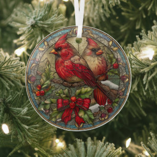Kardinäle auf Stechpalmenzweig mit rotem Band Ornament Aus Glas