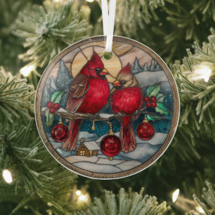 Kardinäle auf Stechpalmenzweig mit schneebedeckter Ornament Aus Glas