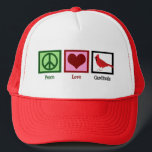 Kardinäle für eine friedliche Liebe Truckerkappe<br><div class="desc">Ein hübsches Kardinal-Geschenk mit einem Friedenszeichen,  einem Herz und einem schönen Roten Vogel. Eine niedliche Vogelbeobachtung für einen Vogelbeobachter,  der die wunderschöne Vogelbeobachtung und das Sammeln cooler Vögel Liebe bietet. Kardinäle der friedlichen Liebe</div>