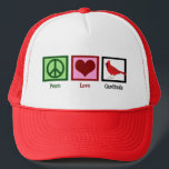Kardinäle für eine friedliche Liebe Truckerkappe<br><div class="desc">Ein hübsches Kardinal-Geschenk mit einem Friedenszeichen,  einem Herz und einem schönen Roten Vogel. Eine niedliche Vogelbeobachtung für einen Vogelbeobachter,  der die wunderschöne Vogelbeobachtung und das Sammeln cooler Vögel Liebe bietet. Kardinäle der friedlichen Liebe</div>