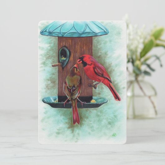 Kardinäle fütternd Vögel mit flachem Notecard Dankeskarte (Stehend Vorderseite)