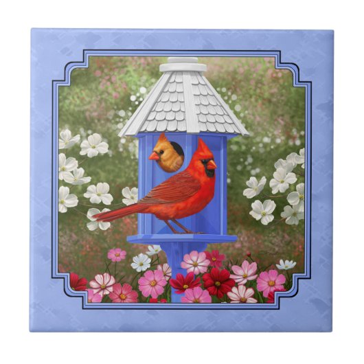Kardinäle und Round Birdhouse Blue Fliese (Vorderseite)