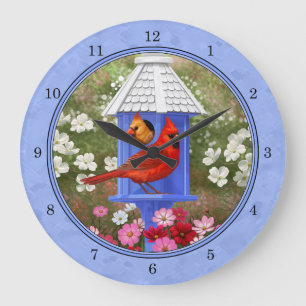Kardinäle und Round Birdhouse Blue Große Wanduhr