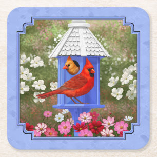 Kardinäle und Round Birdhouse Blue Rechteckiger Pappuntersetzer