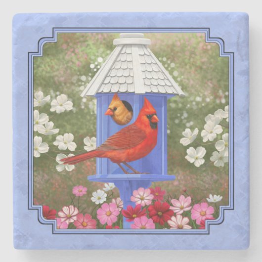 Kardinäle und Round Birdhouse Blue Steinuntersetzer (Vorderseite)