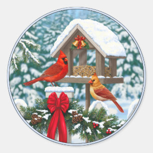 Kardinäle und Weihnachtsvogelfutterstelle Runder Aufkleber