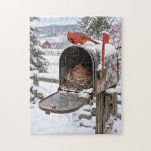Kardinalnest in einem verschneiten Briefkasten Puzzle