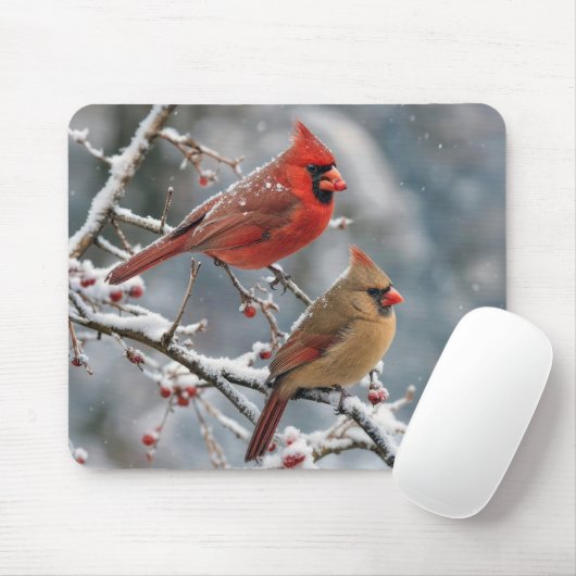 Kardinalpaar auf winterlichem Ast Mousepad (Mit Mouse)