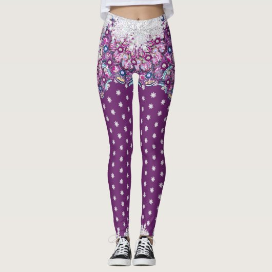 Kardinalrot-Rosette & Schneeflocke Leggings (Vorderseite)