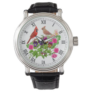 Kardinals-Vögel auf Garten-Blumen-Uhr Armbanduhr
