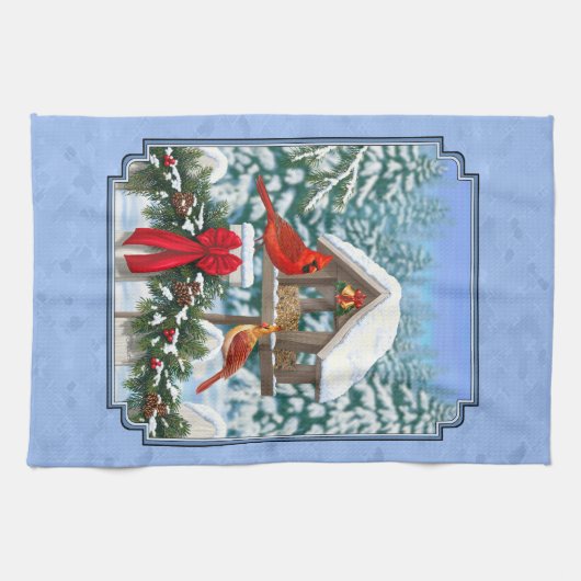 Kardinals Weihnachtsfest Blau Geschirrtuch (Horizontal)