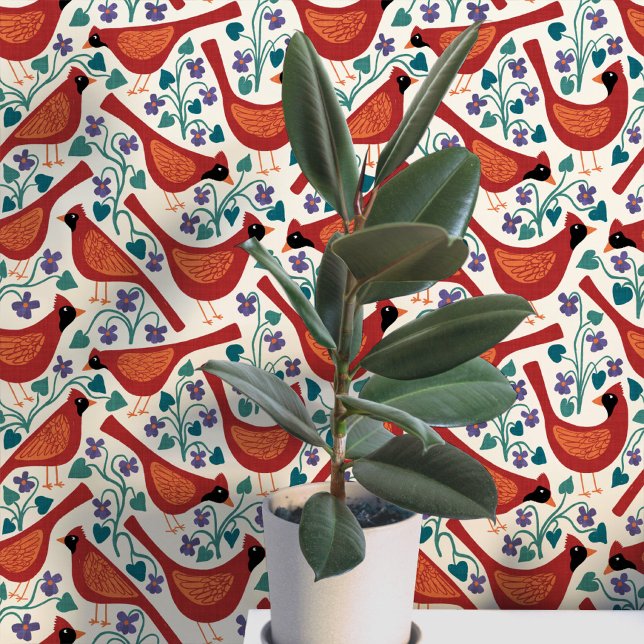 Kardinalvogel Blau Veilchen Blumen Blockdruck Tapete (Northern red cardinal bird blue violet flower block print heritage arts and crafts style wallpaper)