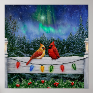 Kardinalvögel und Weihnachtslichter Poster