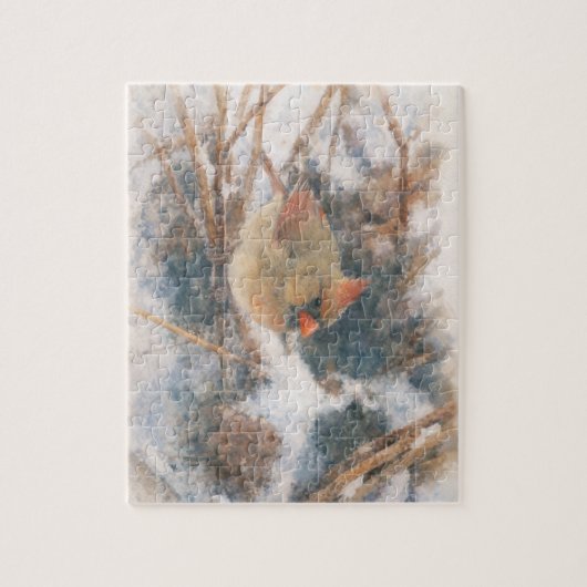 Kardinalweibchen Winter Aquarell Puzzle (Vertikal)