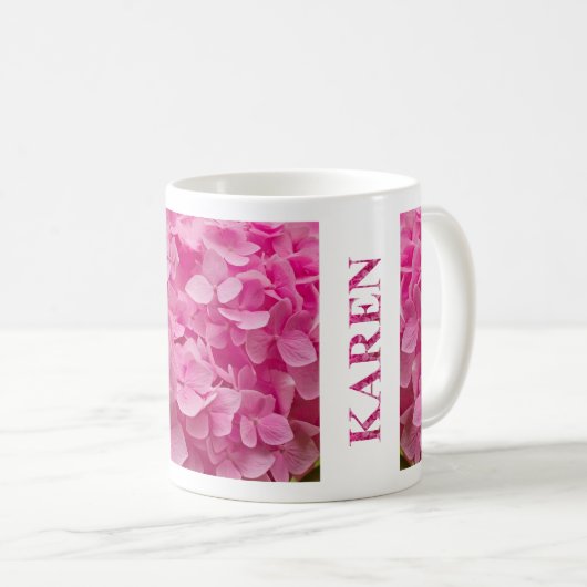 "Karen" in Pink Spring Hydrangea Letters & Blume Kaffeetasse (VorderseiteRechts)
