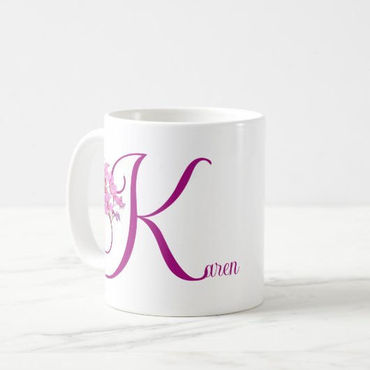 Karen-Name Monogramm hübsch rosa Flex Kaffeetasse (Vorderseite Links)