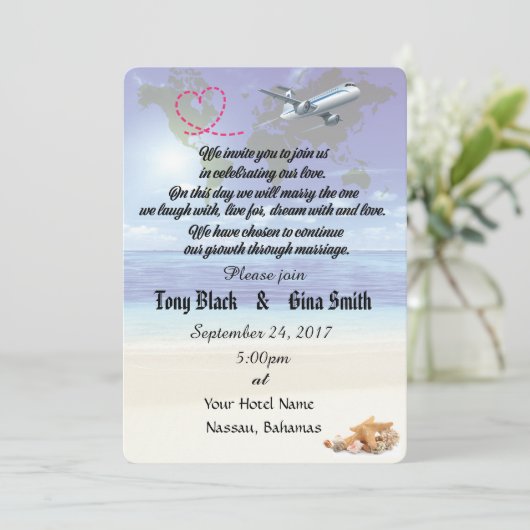 Karibik-Hochzeit in Urlaubsort Einladung (Stehend Vorderseite)