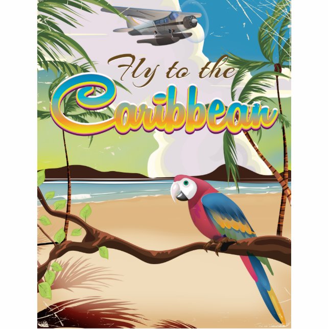 Karibik Vintag Tropeninsel Parrot Poster Freistehende Fotoskulptur (Vorne)