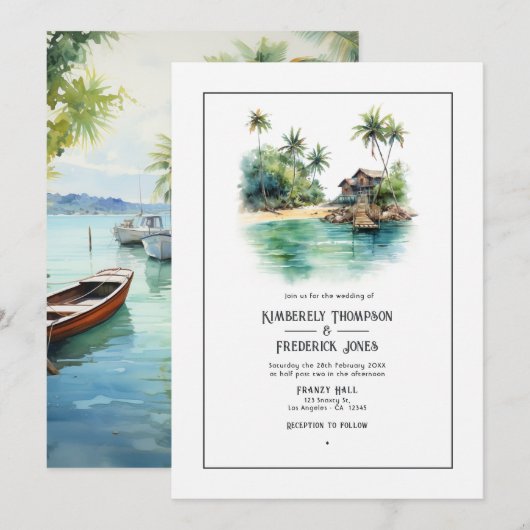 Karibische Hochzeit in Urlaubsort Einladung (Vorne/Hinten)
