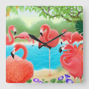 Karibische rosa Flamingo-Vogel-Wanduhr Quadratische Wanduhr