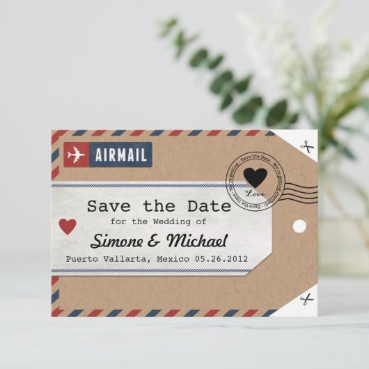 Karibischer Luftpost Gepäckanhänger Rett Datum mit Save The Date (Stehend Vorderseite)