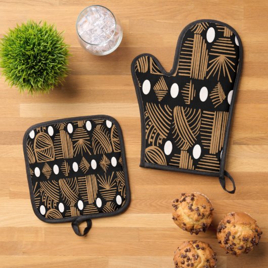 Karibischer Stammbaum: Schwarz, Weiß, Gold Ofenhandschuh & Topflappen-Set (Oben Unten)