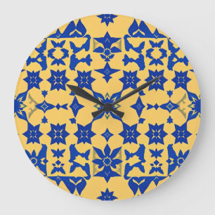 Karibisches Blau-Gold-Fliesenmotiv Muster Azulejo Große Wanduhr