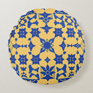Karibisches Blau-Gold-Fliesenmotiv Muster Azulejo Rundes Kissen