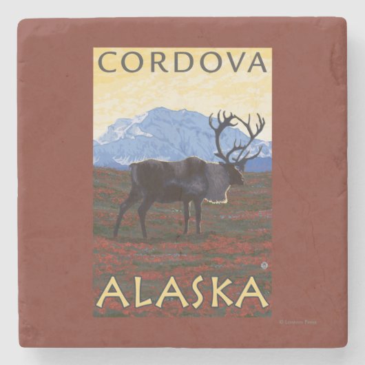 Karibu-Szene - Cordova, Alaska Steinuntersetzer (Vorderseite)