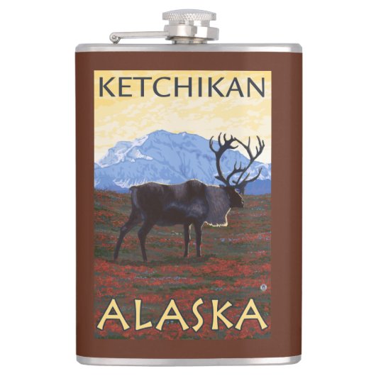 Karibu-Szene - Ketchikan, Alaska Flachmann (Vorderseite)