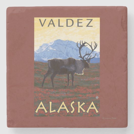Karibu-Szene - Valdez, Alaska Steinuntersetzer (Vorderseite)