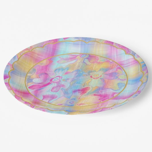 Kariert-5-Scallop--gemalt-Florals- Pappteller (Schrägansicht)