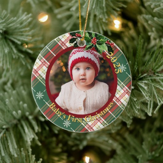 Kariert | Babys erstes Weihnachtsfest-Foto Keramik Ornament (Baum)