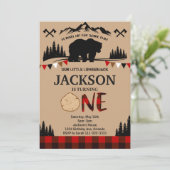 Kariert Bear Lumberjack Boys 1. Geburtstag Einladu Einladung (Stehend Vorderseite)