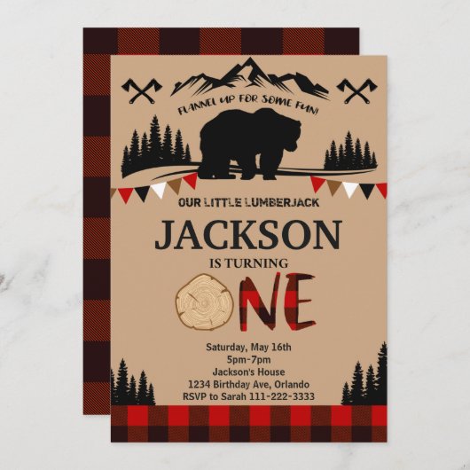 Kariert Bear Lumberjack Boys 1. Geburtstag Einladu Einladung (Vorne/Hinten)
