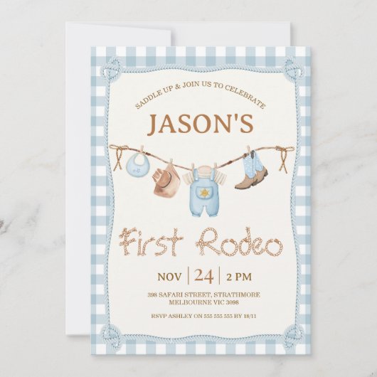 Kariert Blue Clothesline Western Rodeo 1. Geburtst Einladung (Vorderseite)