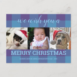 Kariert Blue Lila 3 Foto Collage Weihnachten Postkarte